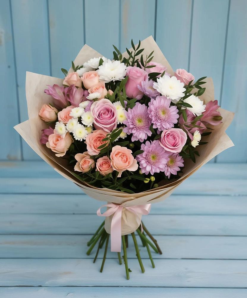 Букет цветов из: Хризантемы, Розы и Альстромерии в Чесменке