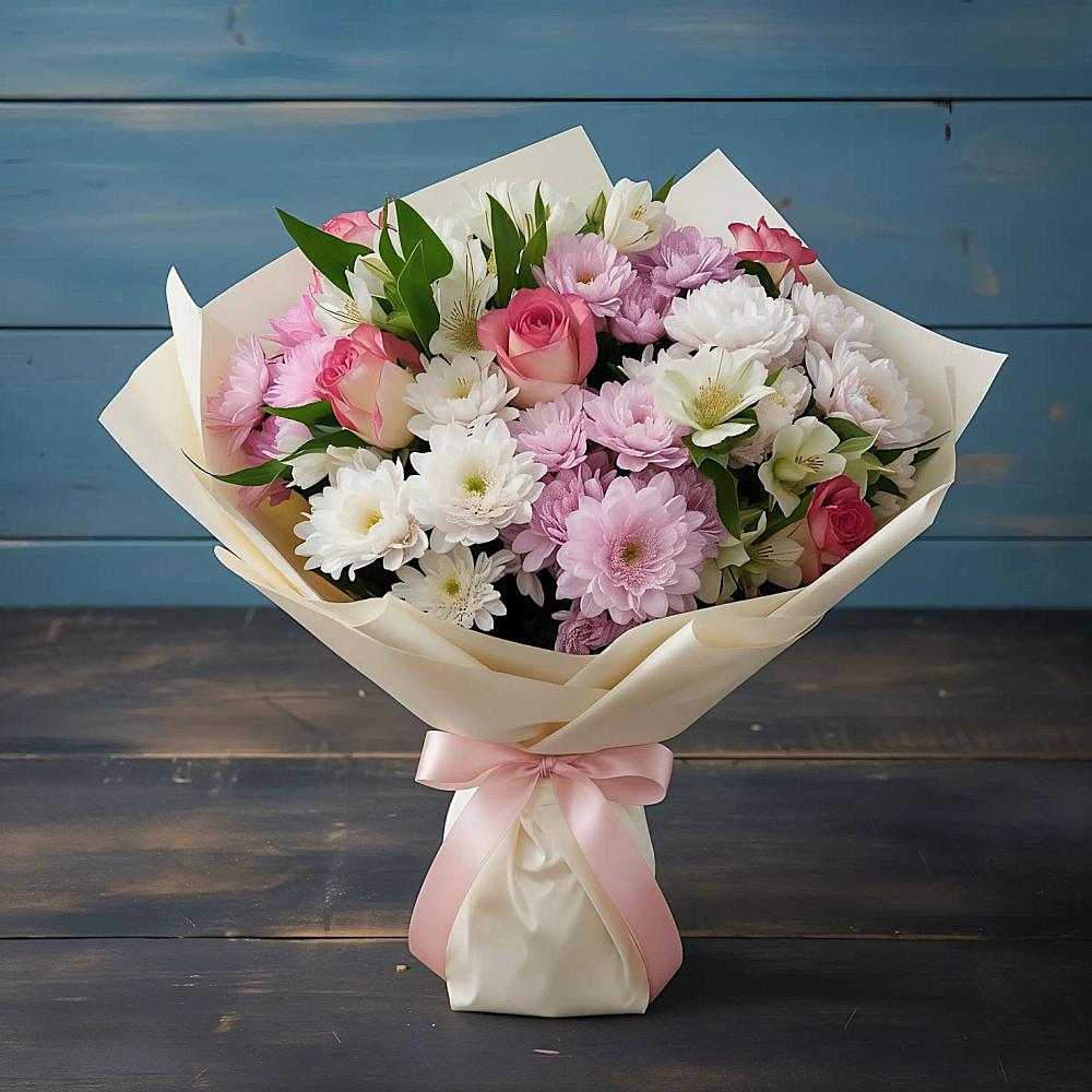 Букет цветов из: Хризантемы, Альстромерии и Розы в Чесменке